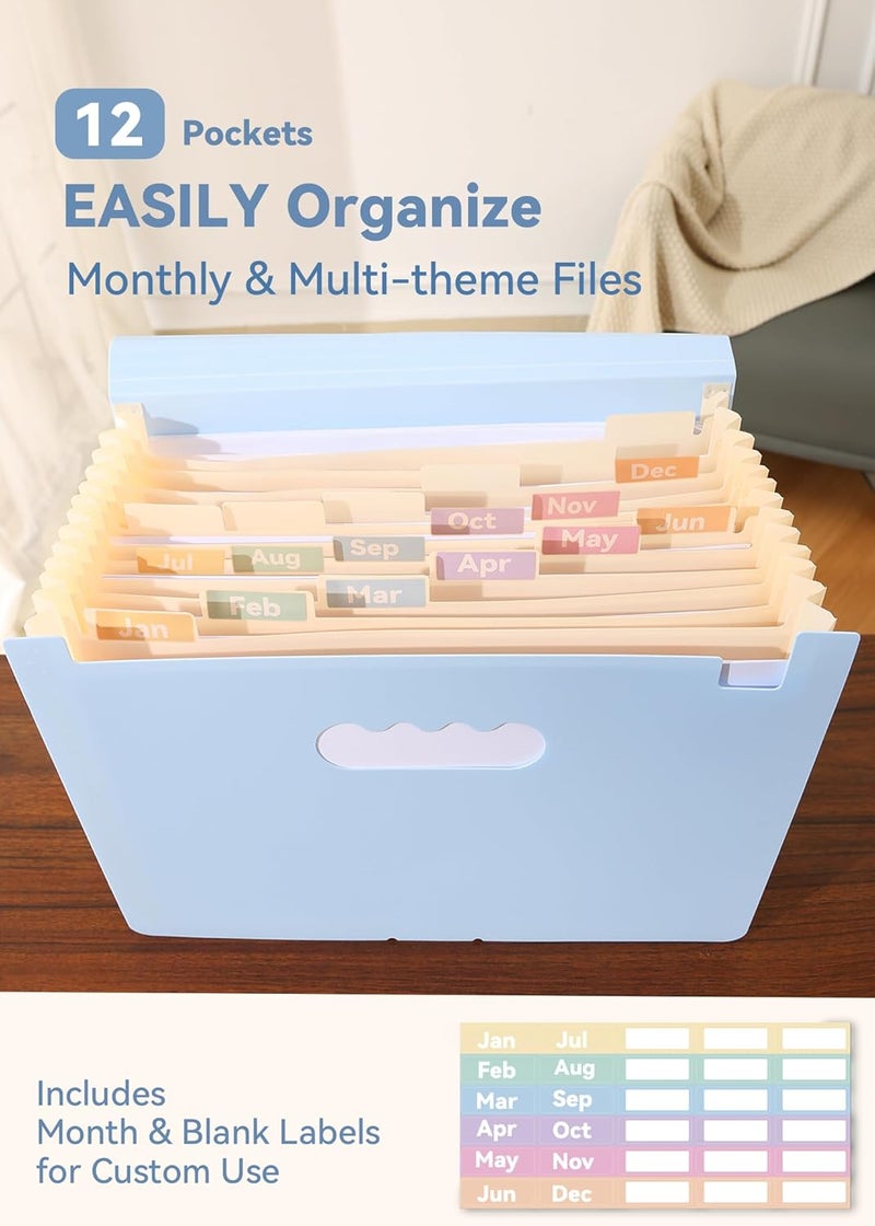 SortRax Accordion File Organizer 12 Pockets, Monthly Bill Receipt Tax Organizer, Expanding File Folders with Larger Bright Tabs, Fits Letter/A4 Size - Blue - Image 2